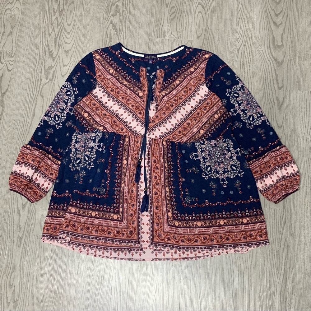 Artesia Pink/Navy Patchwork Tassel Tie‎ Blouse Womens XL Boho Cottage
